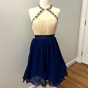 Little Mistress London Blue Ivory Jewel Halter Tulle Short Dress Sz 6